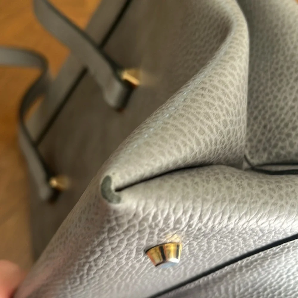 Innue Italian gray pebble leather structured satchel shoulder bag w/ gold clasp